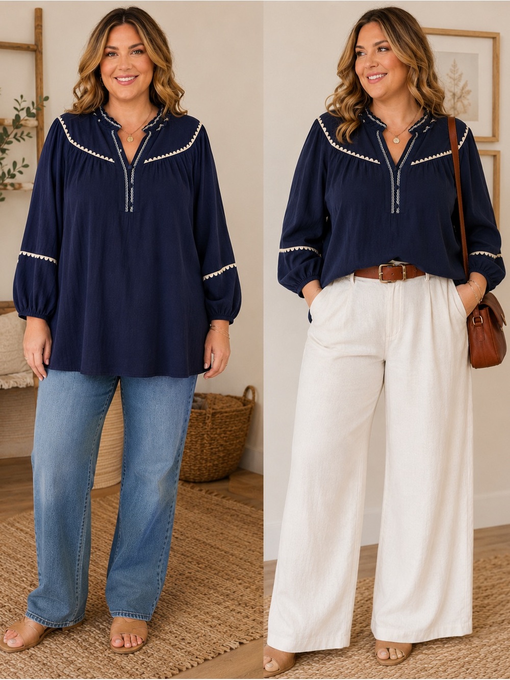 Oddi 1XL Navy Cotton Boho Peasant Blouse White Trim Plus Size